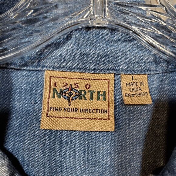 Vtg 1250 North Shirt Mens Large Blue Denim U.S. Army Amwrican Flag Button Down - Picture 2 of 10